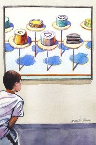 562. Cakes & Boy Watercolor painting by Mariko Irie