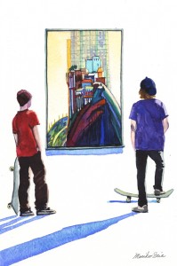 563.  Thiebaud & Skateboarders Watercolor painting by Mariko Irie